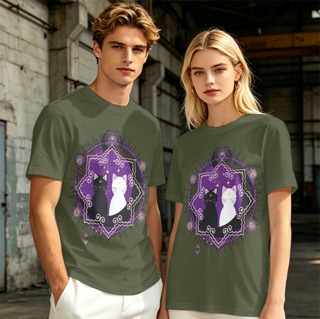 Olive T-Shirt With Celestial Black And White Cat Graphic