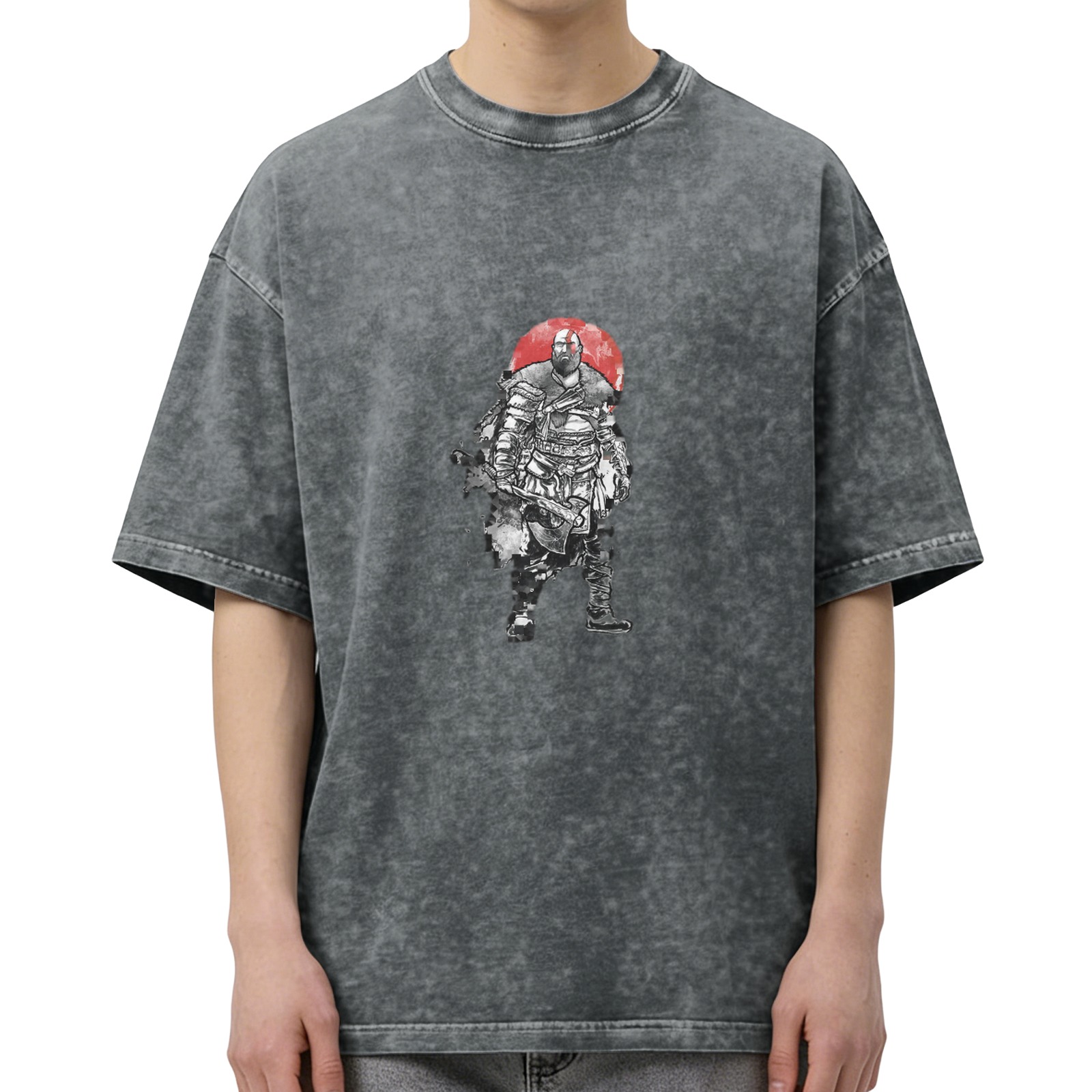 Washed Black Graphic T-Shirt With Spartan Warrior Print