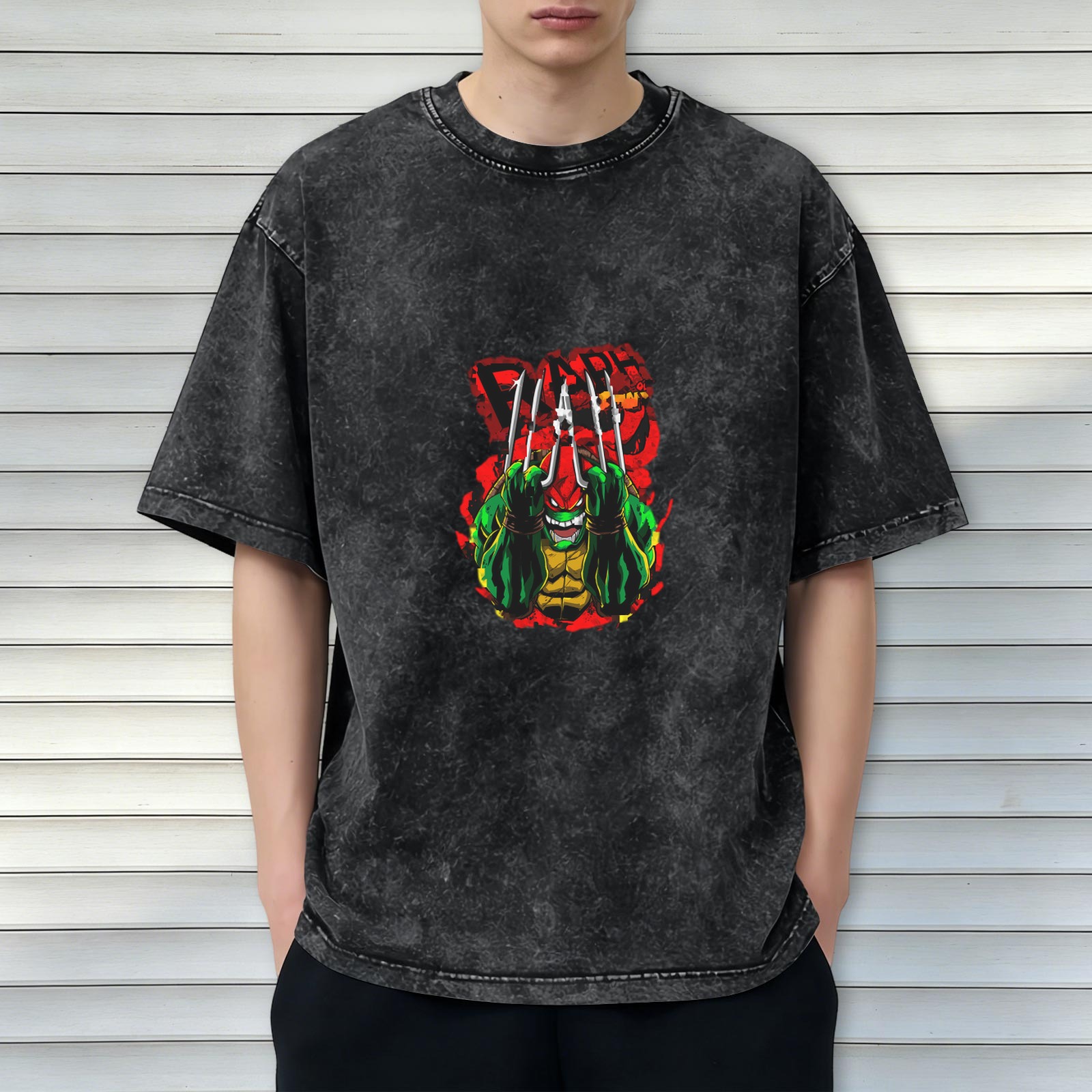 Washed Black T-Shirt With Angry Raphael Ninja Turtle Graphic