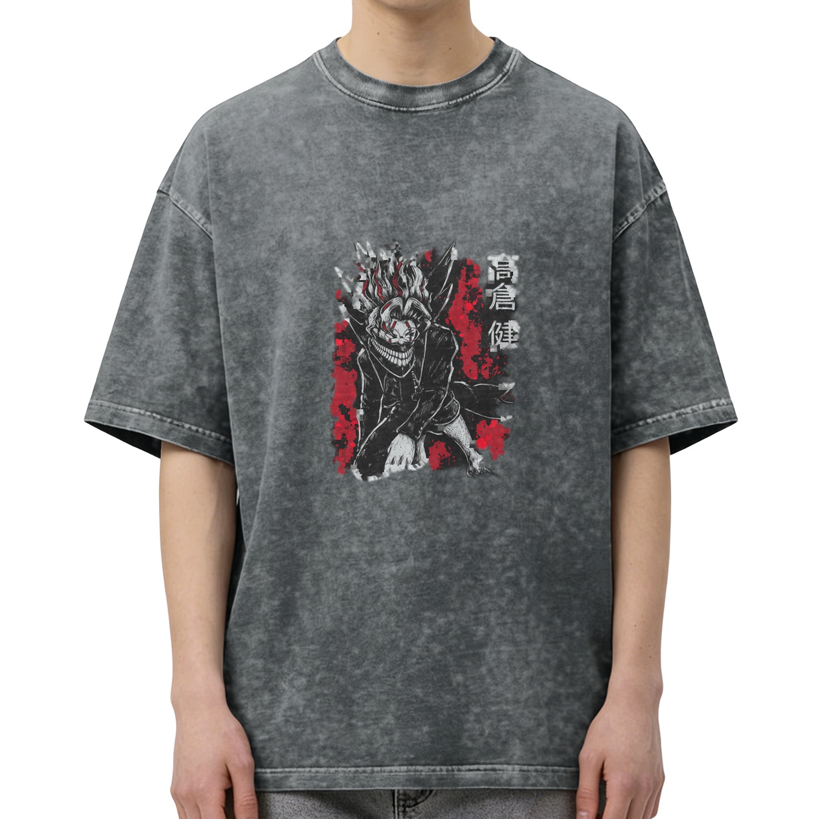 Takakura Ken anime print distressed washed short-sleeved T-shirt street style oversize round neck top