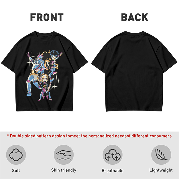 Olive T-shirt with Anime Rock Band Characters Graphic