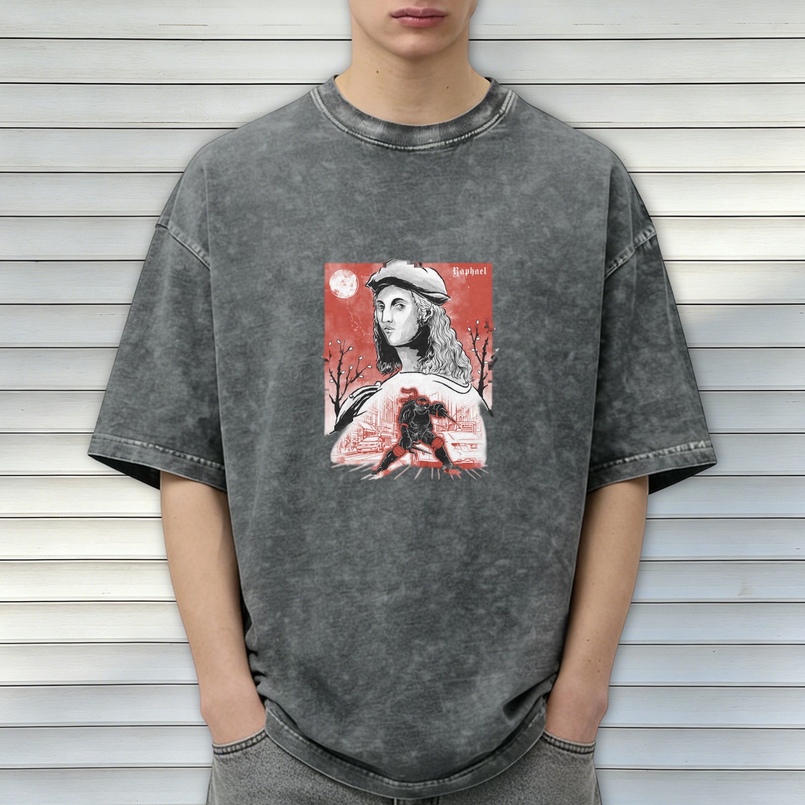Oversized dark washed t-shirt with Renaissance artist and ninja turtle graphic