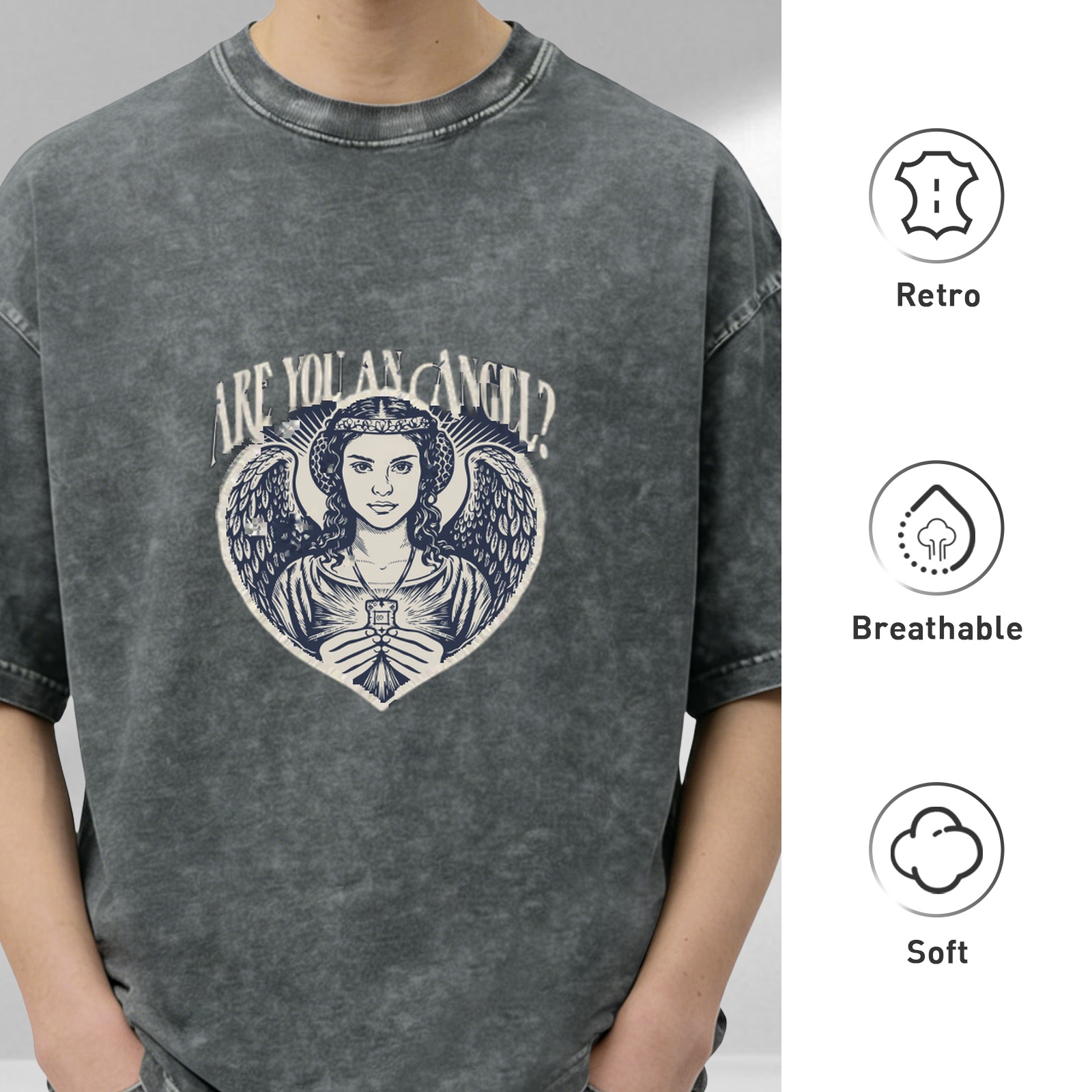 Oversized dark wash graphic t-shirt with angel and 'Are You An Angel?' text