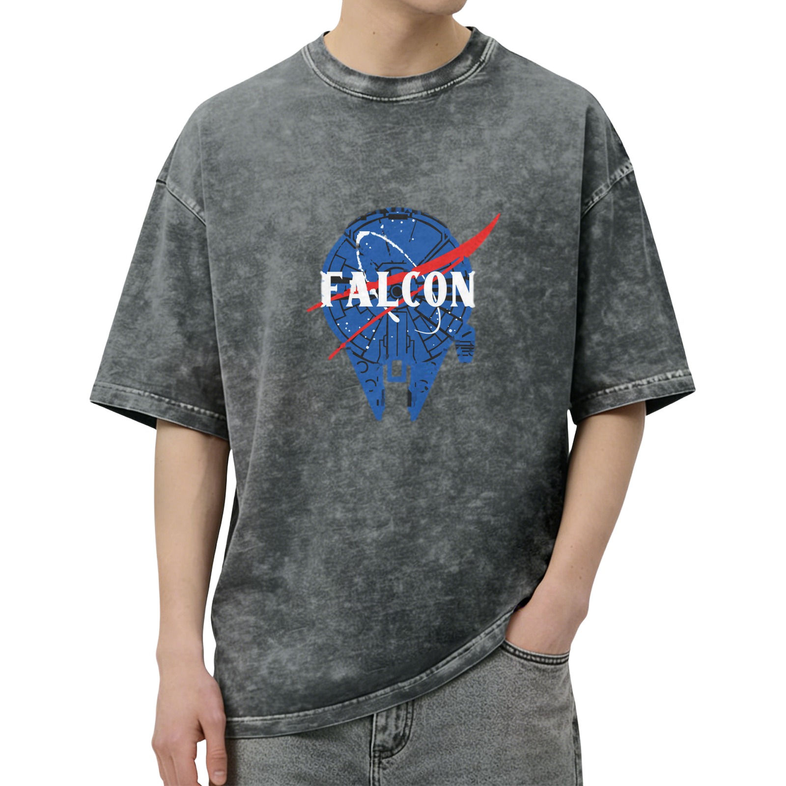Distressed black Star Wars Millennium Falcon NASA style printed short-sleeved T-shirt Loose washed crew neck top