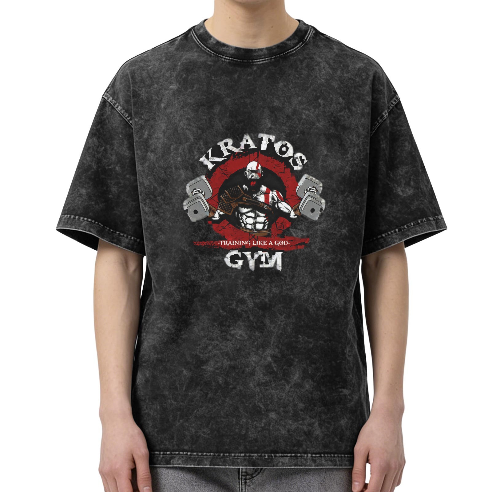 Kratos Gym Training Like A God Acid Wash Graphic T-Shirt