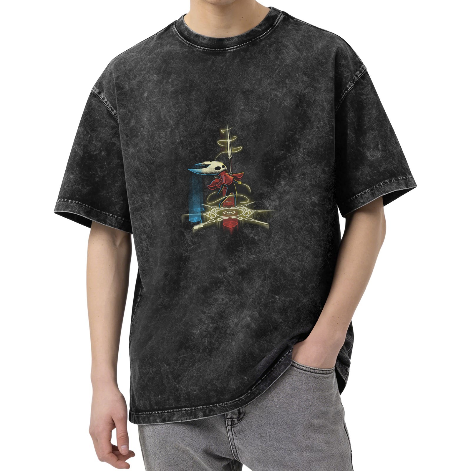 Hollow Knight themed acid wash graphic t-shirt for casual wear