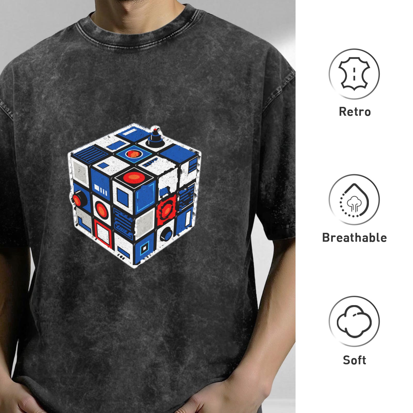 Oversized Acid Wash T-Shirt With Futuristic Rubik's Cube Graphic