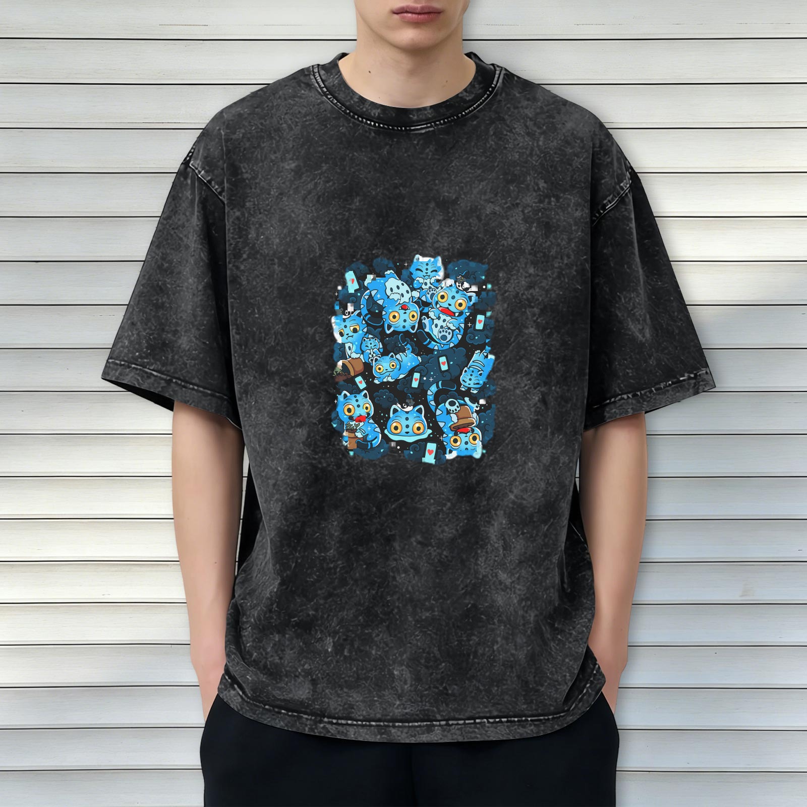Oversized Vintage Wash Black T-Shirt with Blue Cute Cat Graphic Print