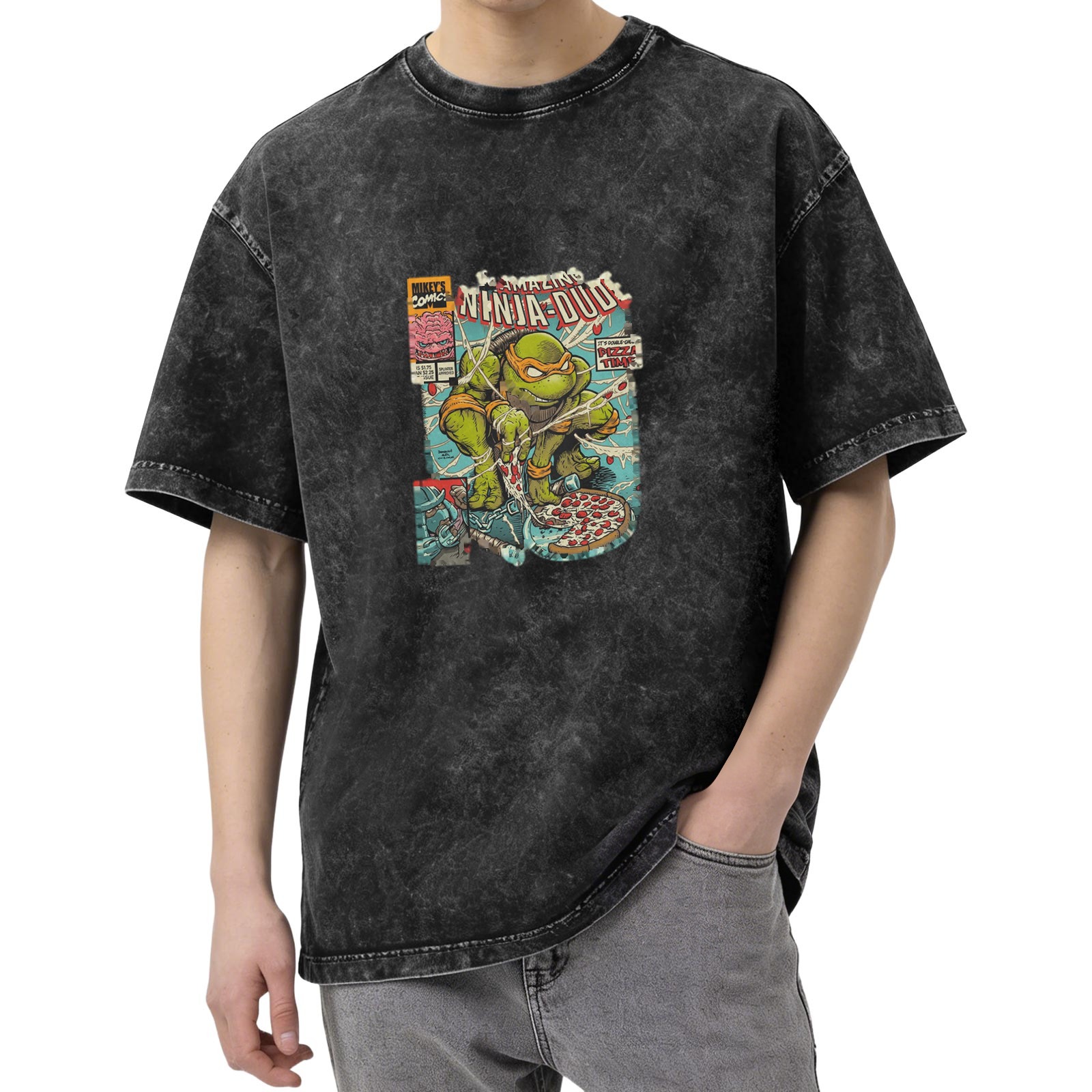 Vintage Wash Teenage Mutant Ninja Turtles 'The Amazing Ninja Dude' Graphic T-Shirt, Retro Comic Style Oversized Tee