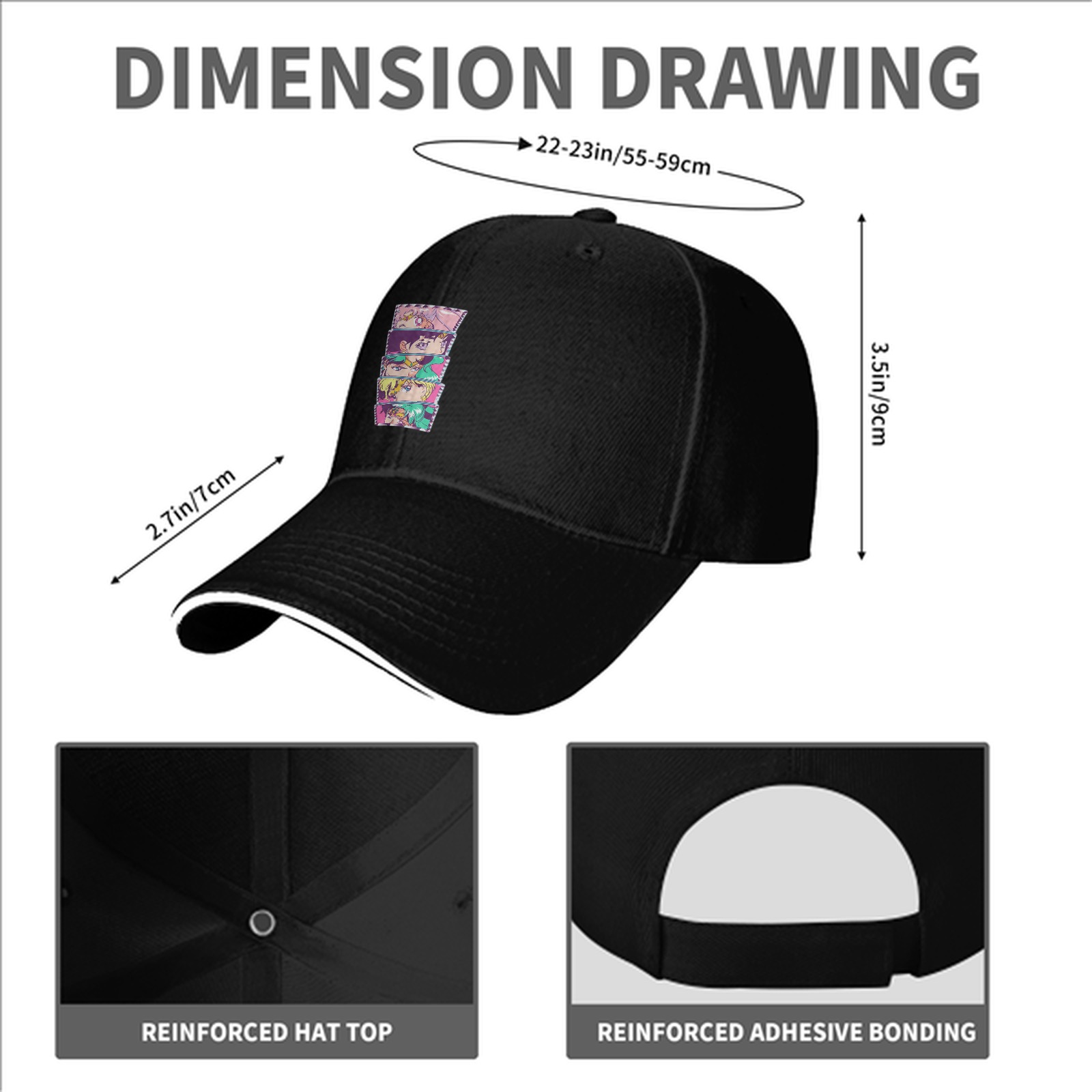 Black Baseball Cap with Anime Character Face Stack Print