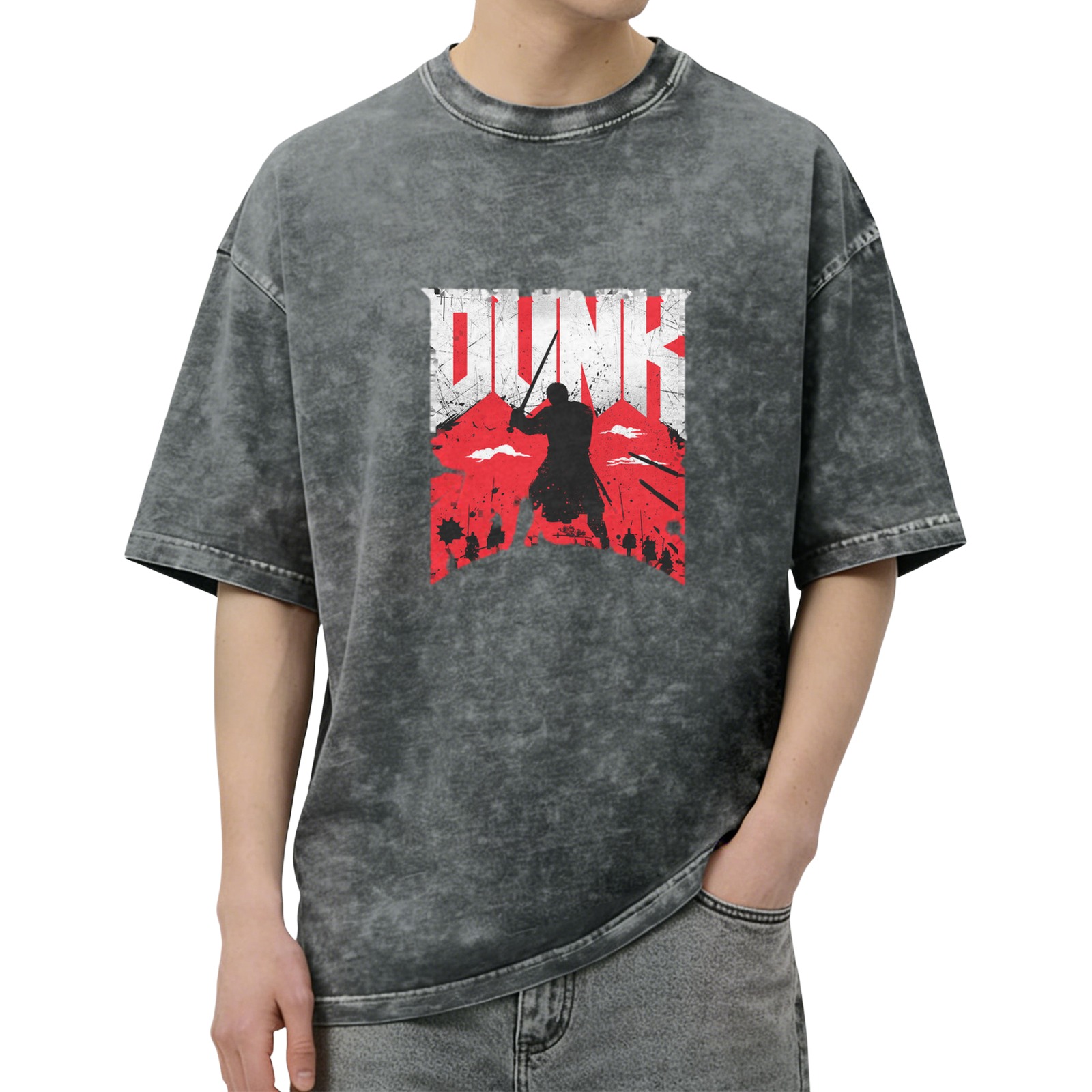 Oversized Dark Wash T-Shirt With Warrior Dunk Graphic Print