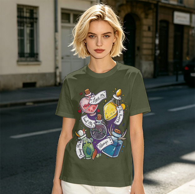 Olive T-Shirt With Magical Potion Bottles Graphic Design