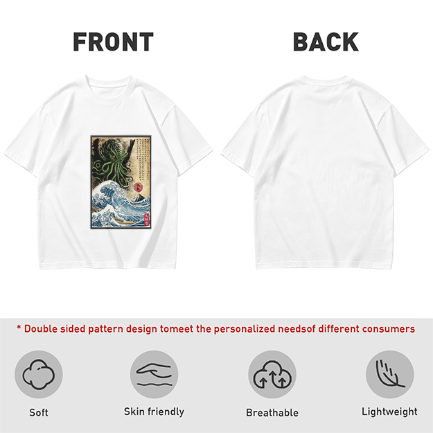 Olive T-shirt with Cthulhu Great Wave Japanese Art Print