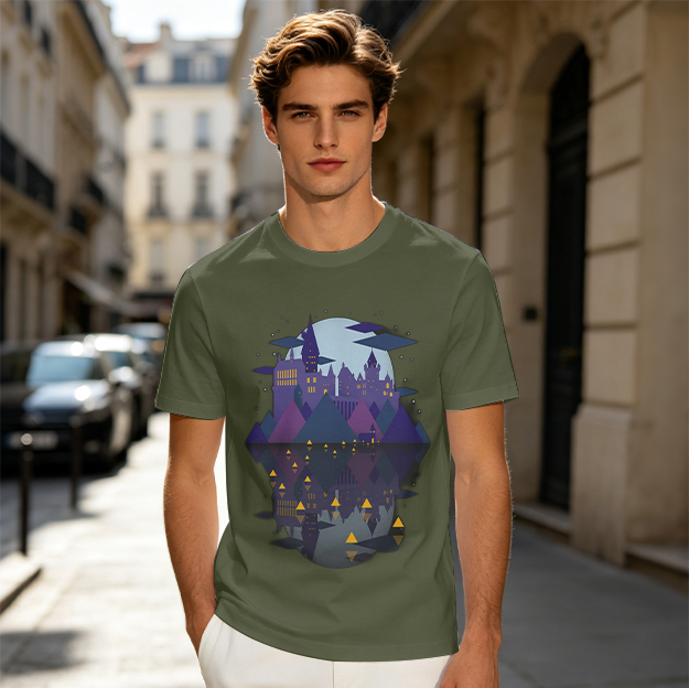 Olive T-Shirt With Night Castle Lake Reflection Graphic