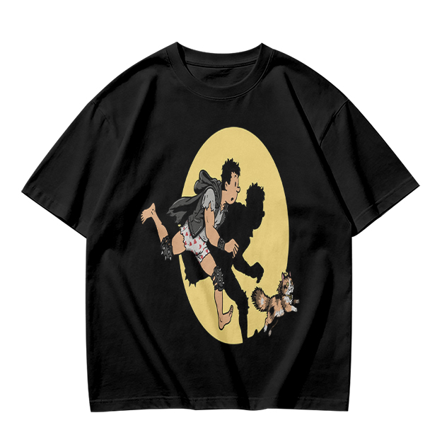 Olive T-Shirt With Cartoon Running Figure And Shadow Print