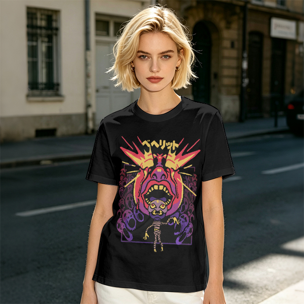 Olive t-shirt with surreal demon and ghost graphic print