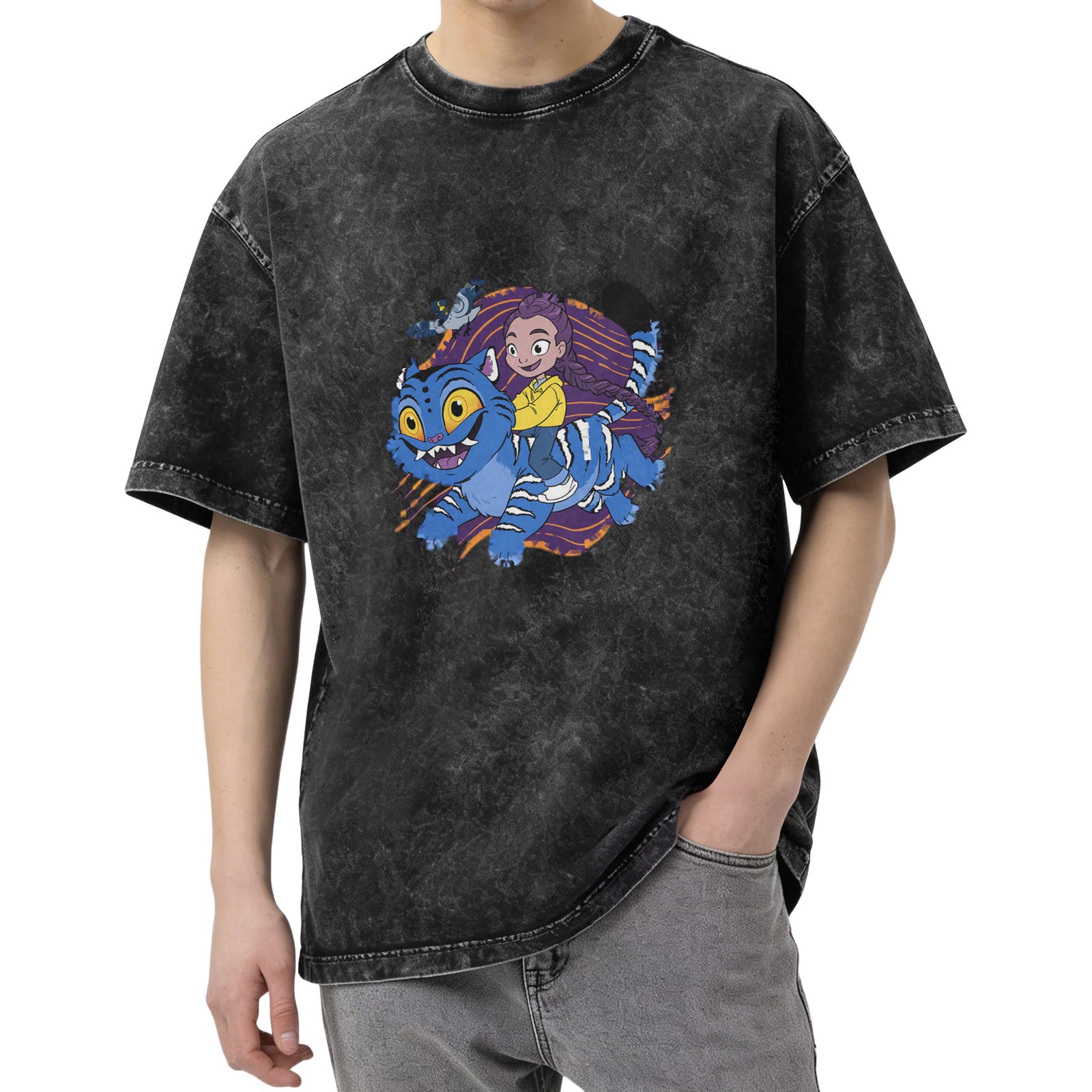 Washed black graphic t-shirt with cartoon girl riding blue fantasy cat design