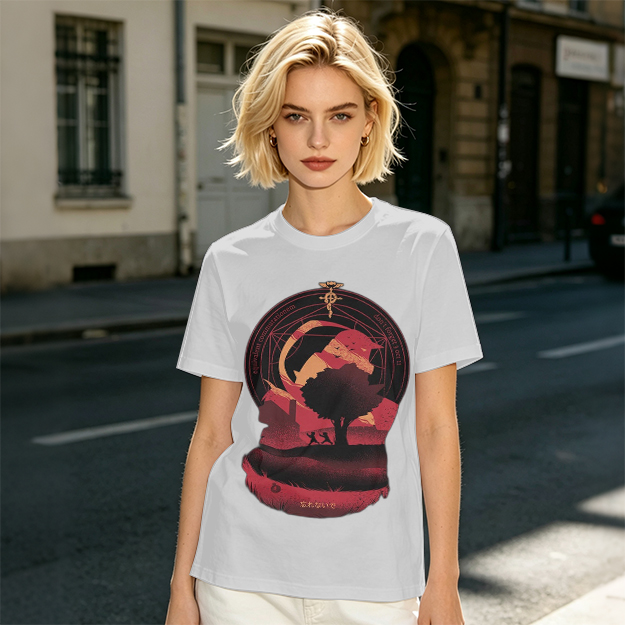 Olive t-shirt with Fullmetal Alchemist inspired sunset landscape print