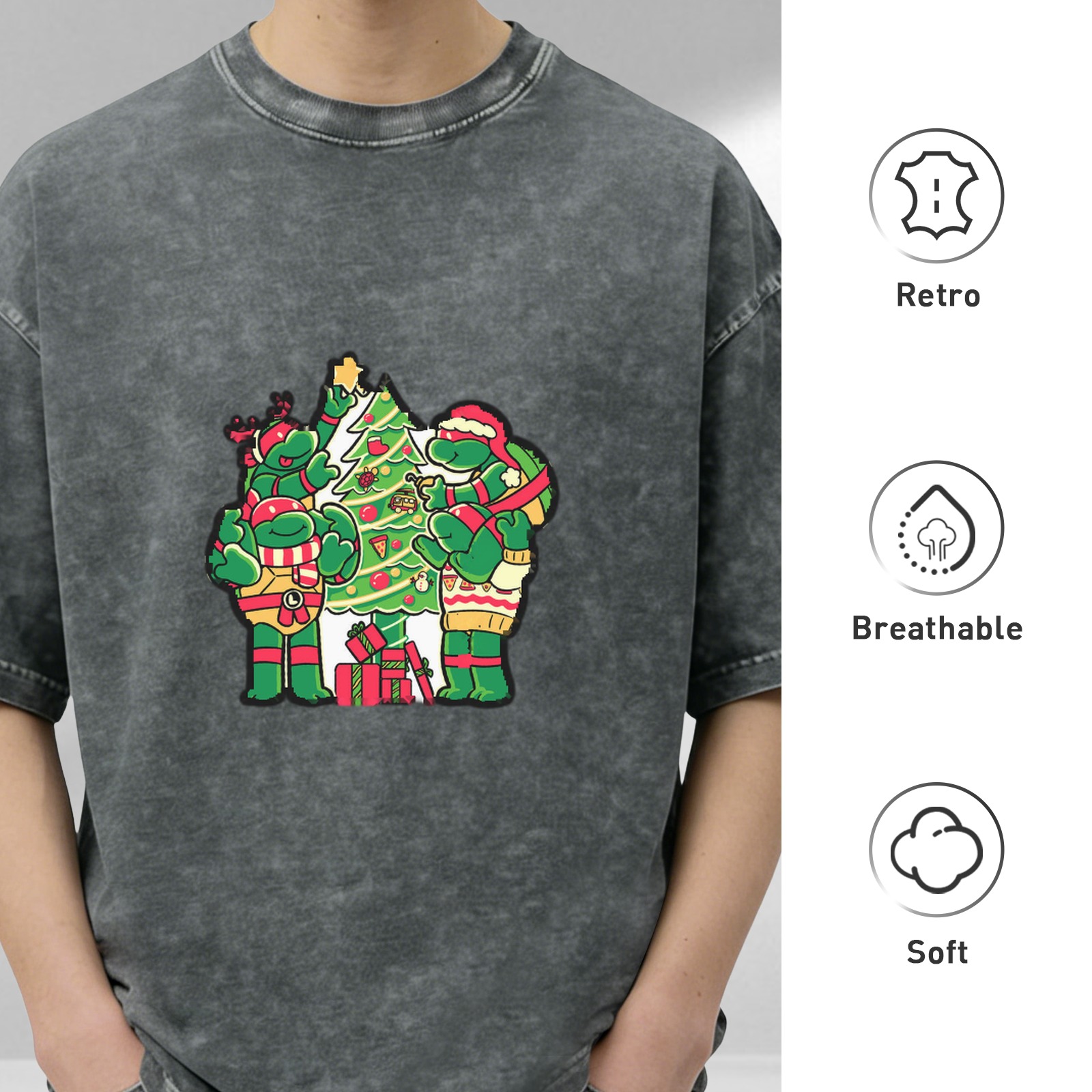 Washed Black T-Shirt with Teenage Mutant Ninja Turtles Christmas Design