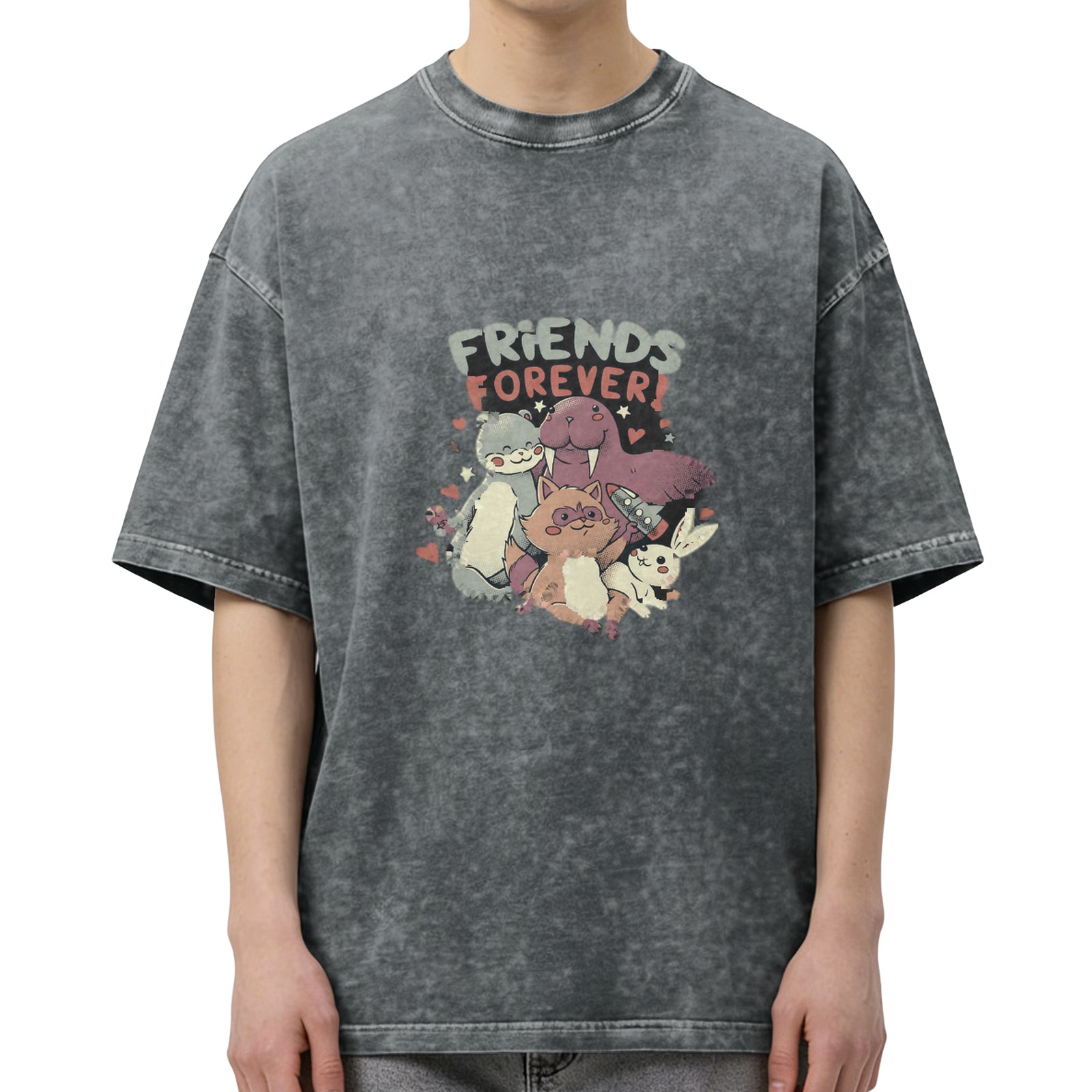 Oversized acid wash t-shirt with friends forever animal graphic print