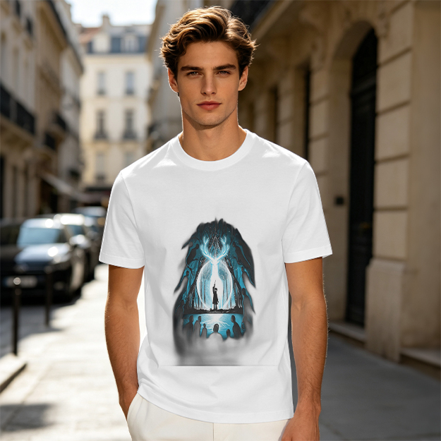 Olive T-Shirt With Glowing Deer Patronus Silhouette Art Print