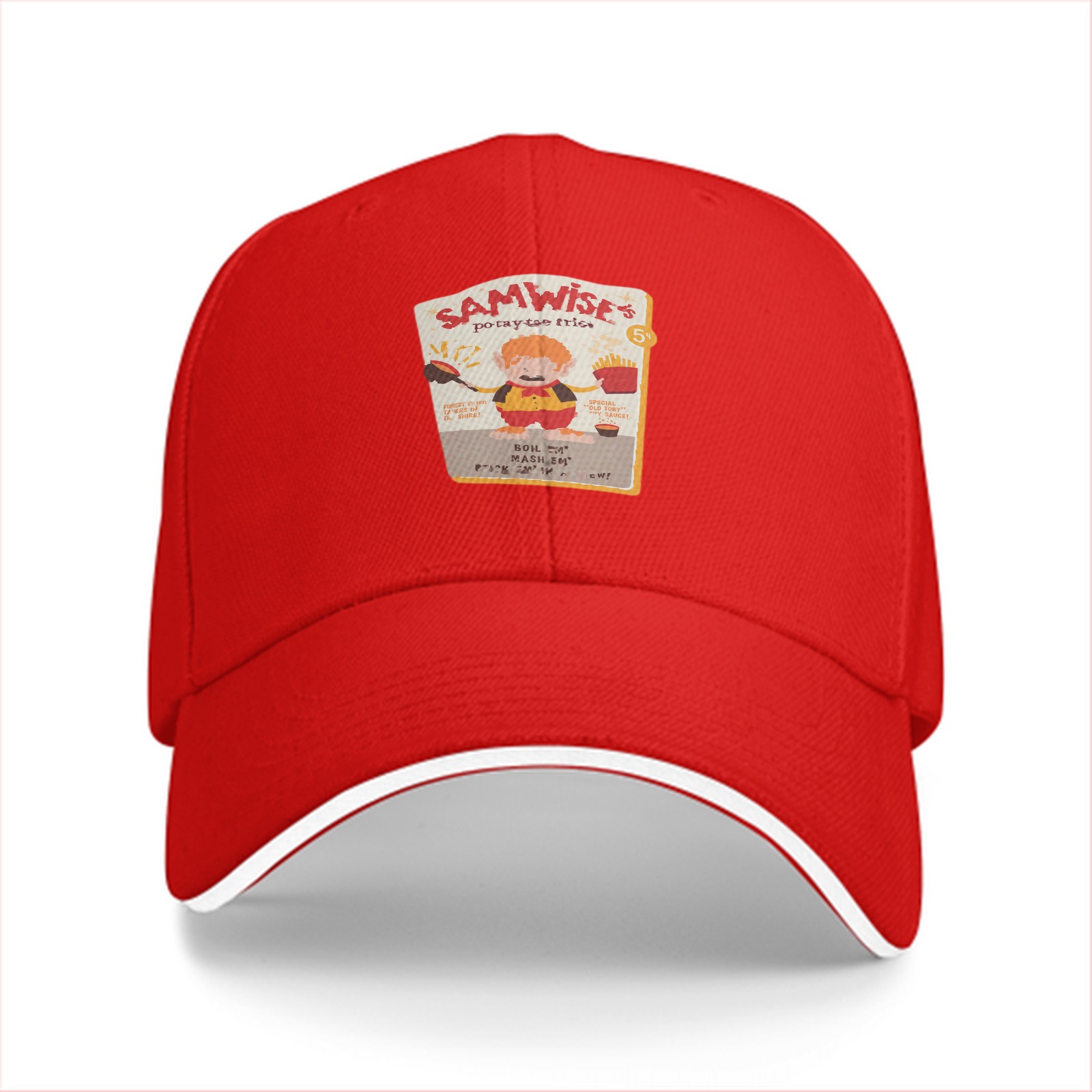 Black baseball cap with Samwise's potato fries graphic