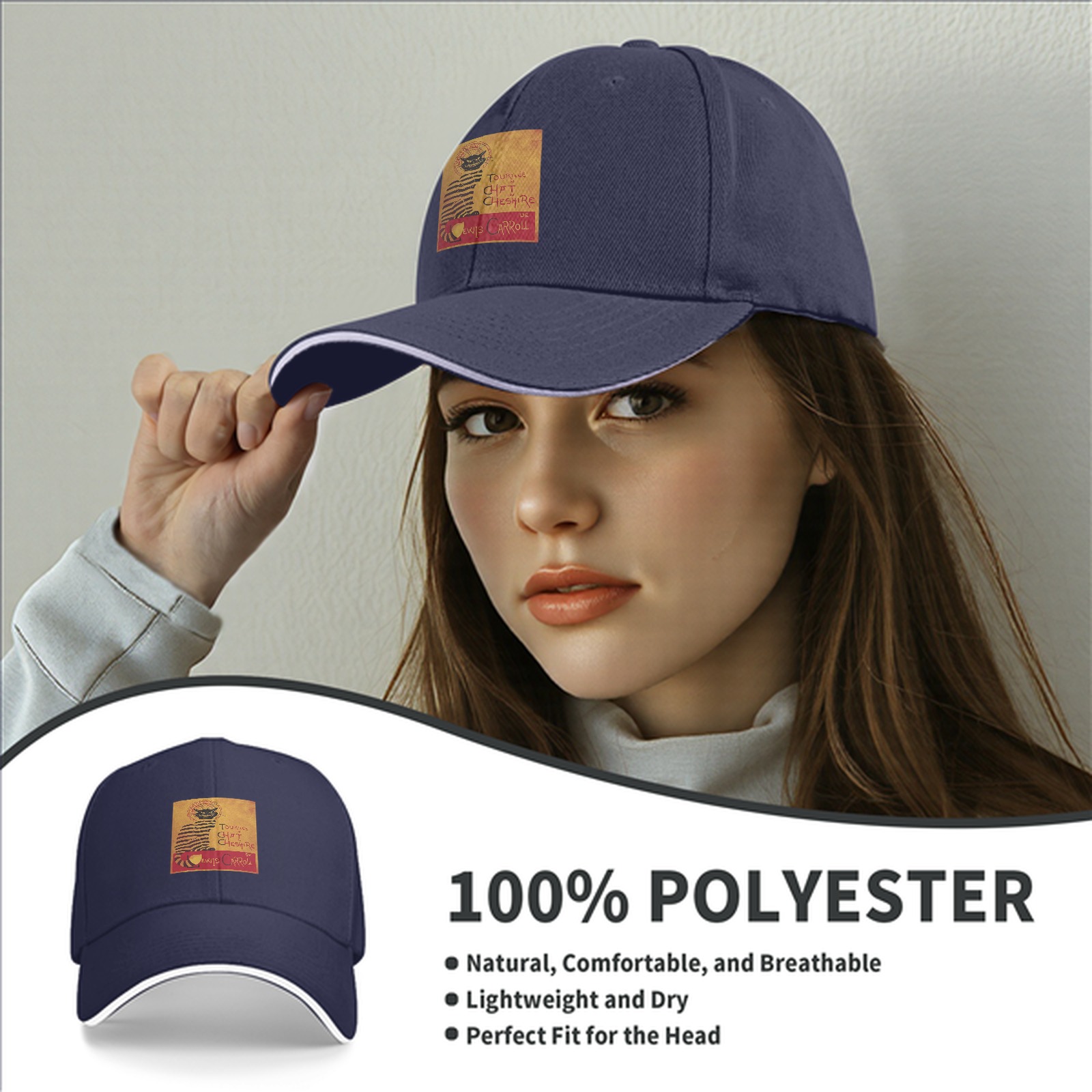 Black Baseball Cap with Cheshire Cat Lewis Carroll Print