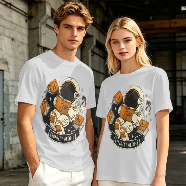Astronaut Reading Book 'Finally Alone' Graphic T-Shirt Design