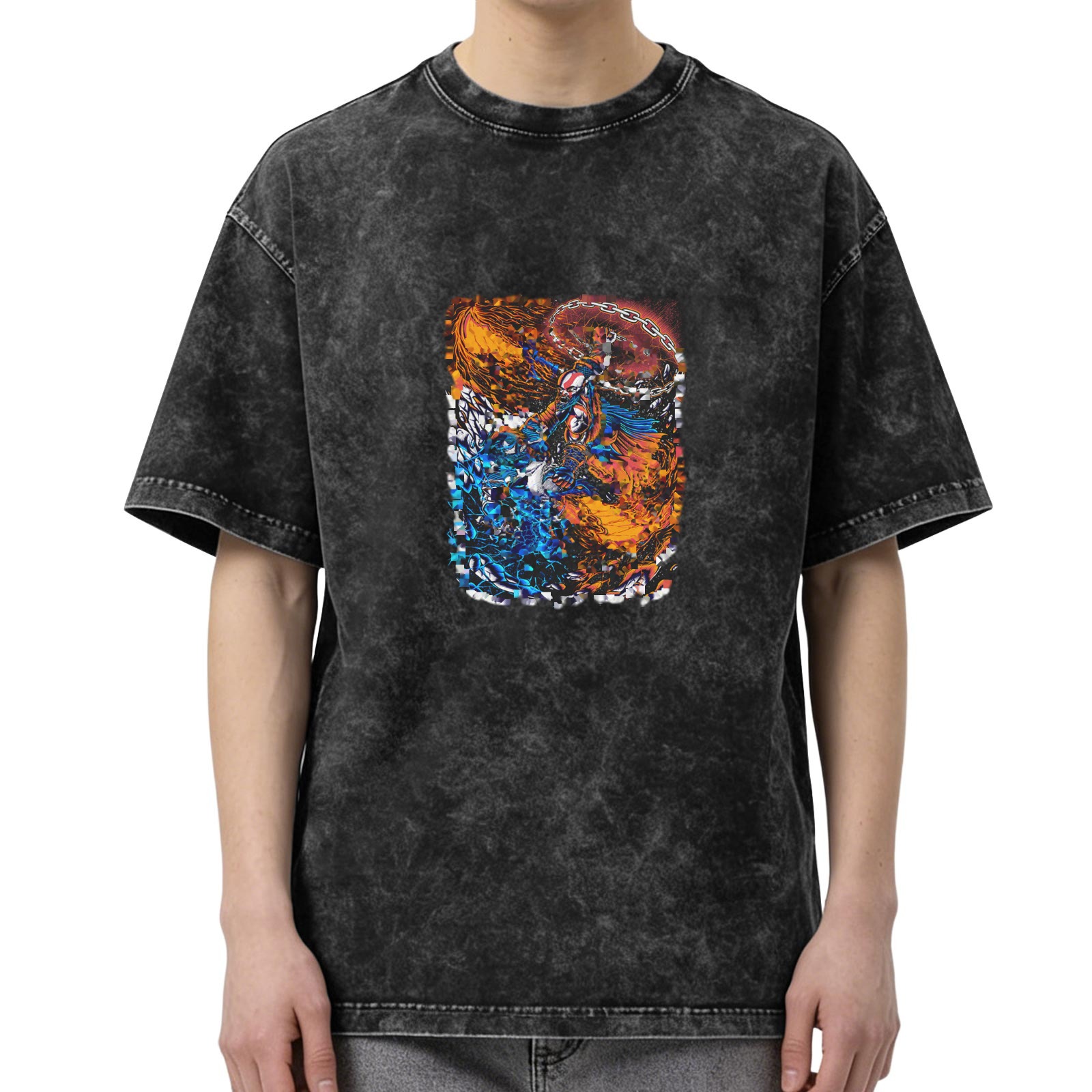 Oversized Acid Wash Graphic T-Shirt with Fire and Water Art Print