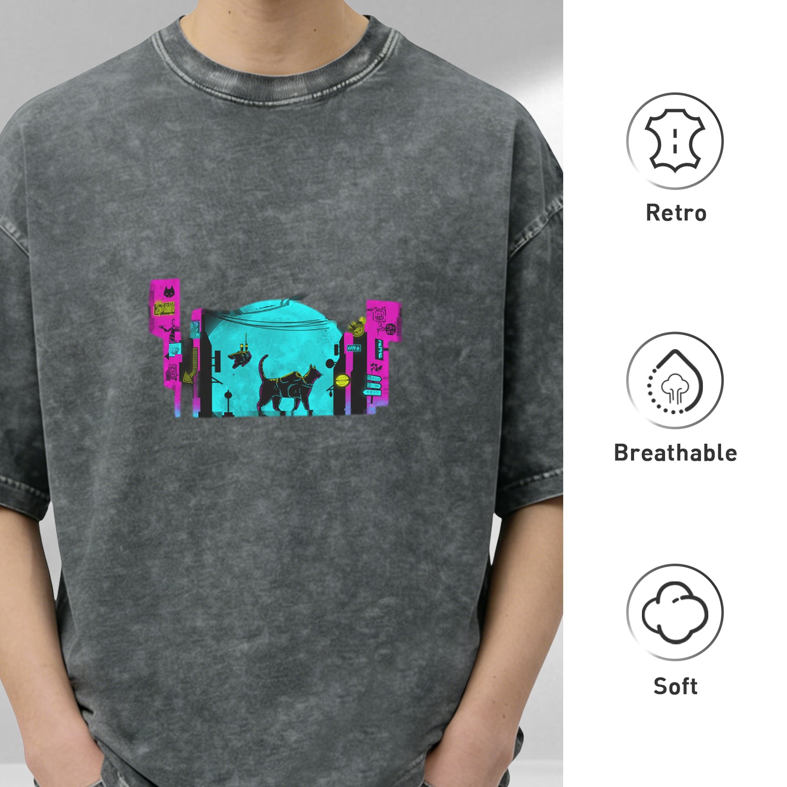 Oversized Acid Wash Graphic T-Shirt with Cyberpunk Cat Alley Print