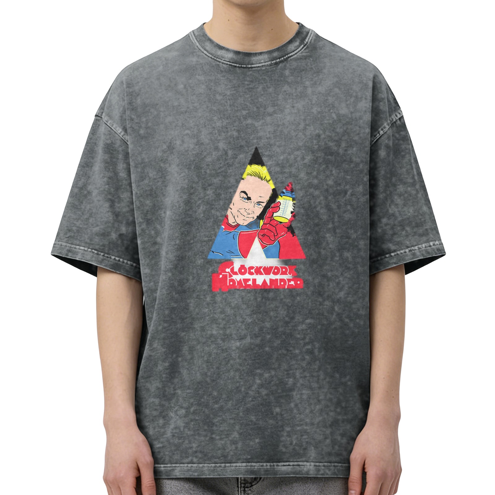Oversized acid wash t-shirt with Clockwork Homelander graphic print