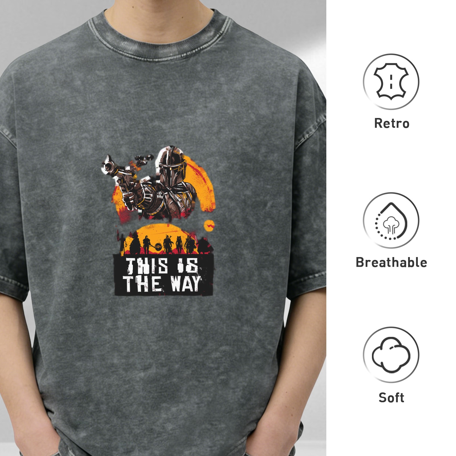 Star Wars Mandalorian 'This Is The Way' Graphic Print Acid Wash Oversized Short Sleeve T-Shirt