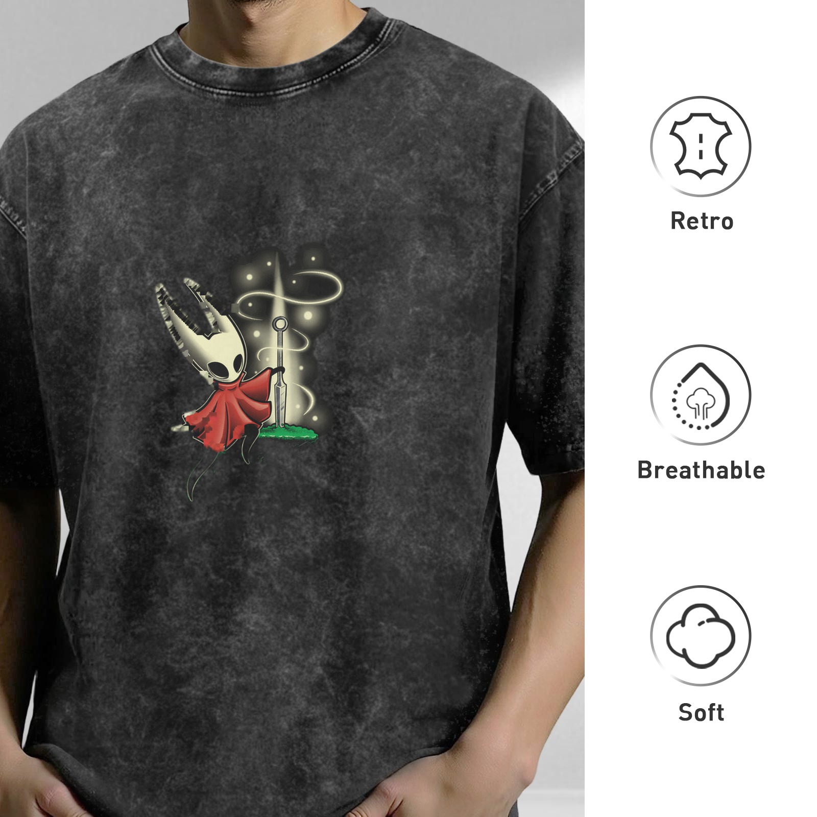 Oversized dark washed graphic tee with Hollow Knight character print