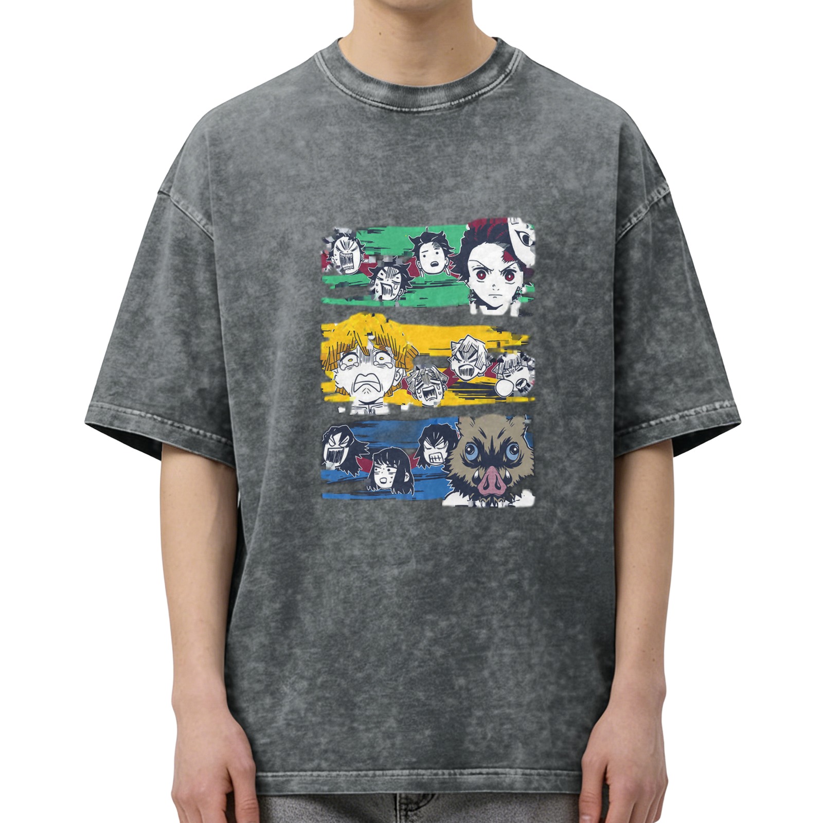 Demon Slayer Anime Character Graphic Oversized Stone Wash T-Shirt