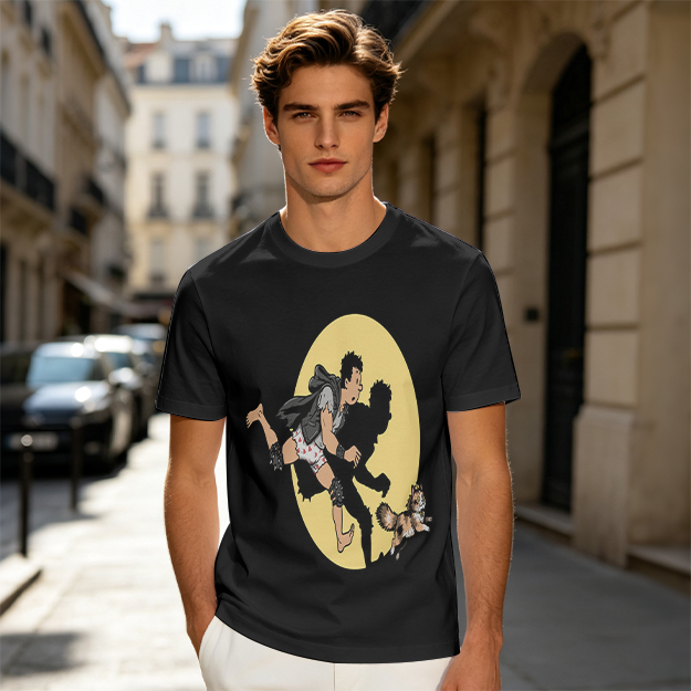 Olive T-Shirt With Cartoon Running Figure And Shadow Print