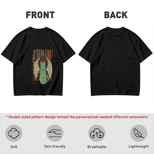 Olive T-shirt with Cthulhu Cat Graphic Print