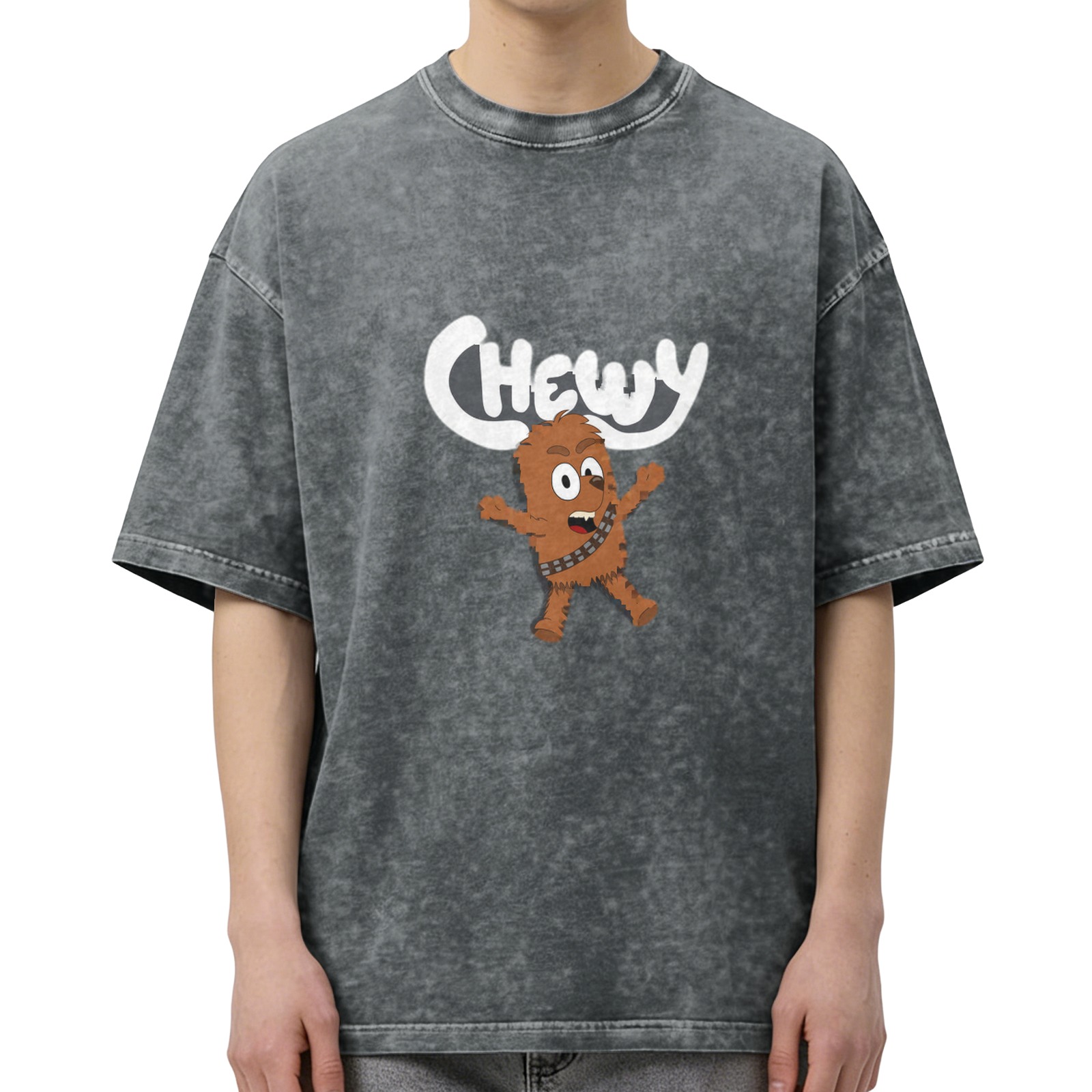 Oversized Vintage Wash T-Shirt with Cartoon Chewbacca 'Chewy' Graphic Print