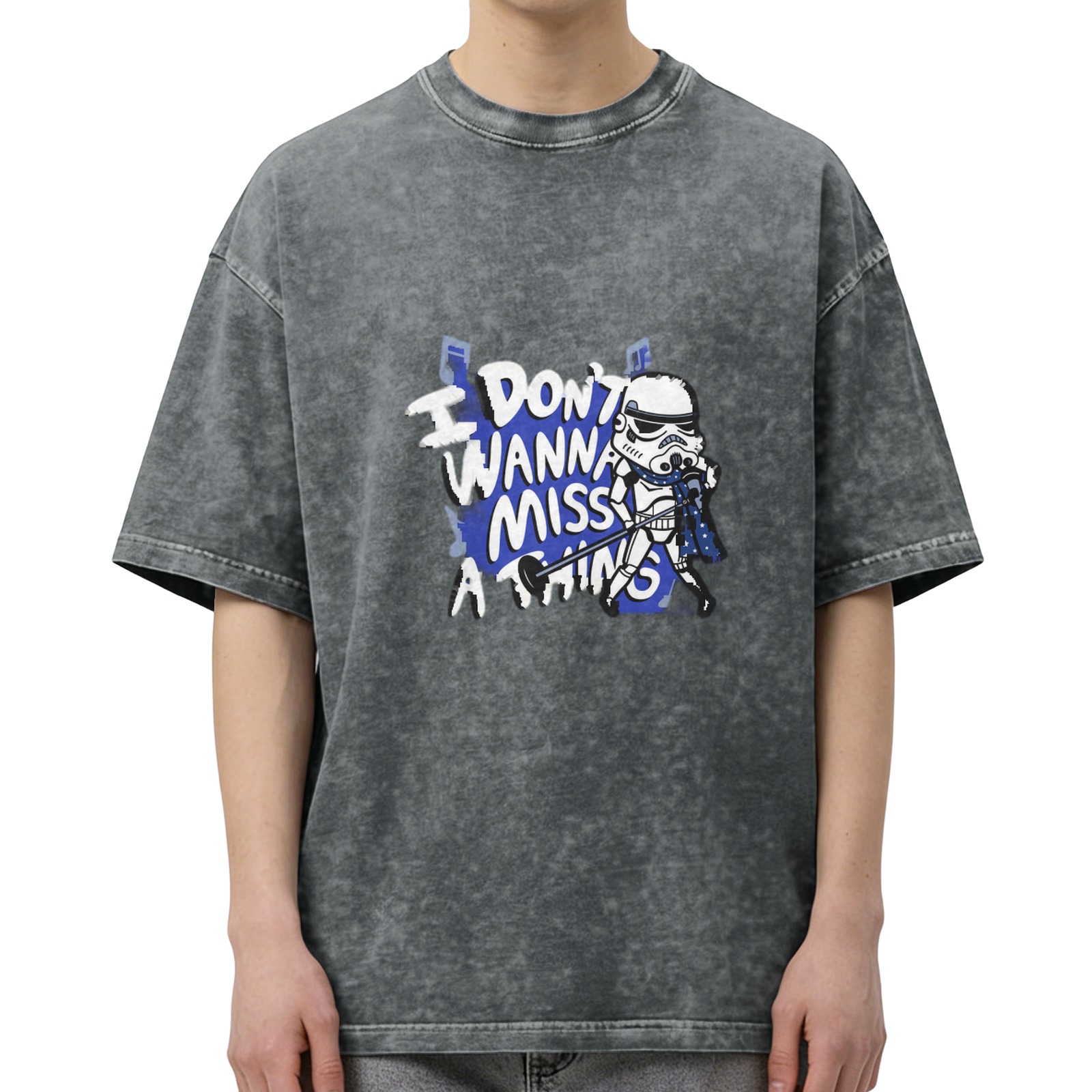 Washed Black T-Shirt With Stormtrooper Singer Graphic and I Don't Wanna Miss A Thing Text