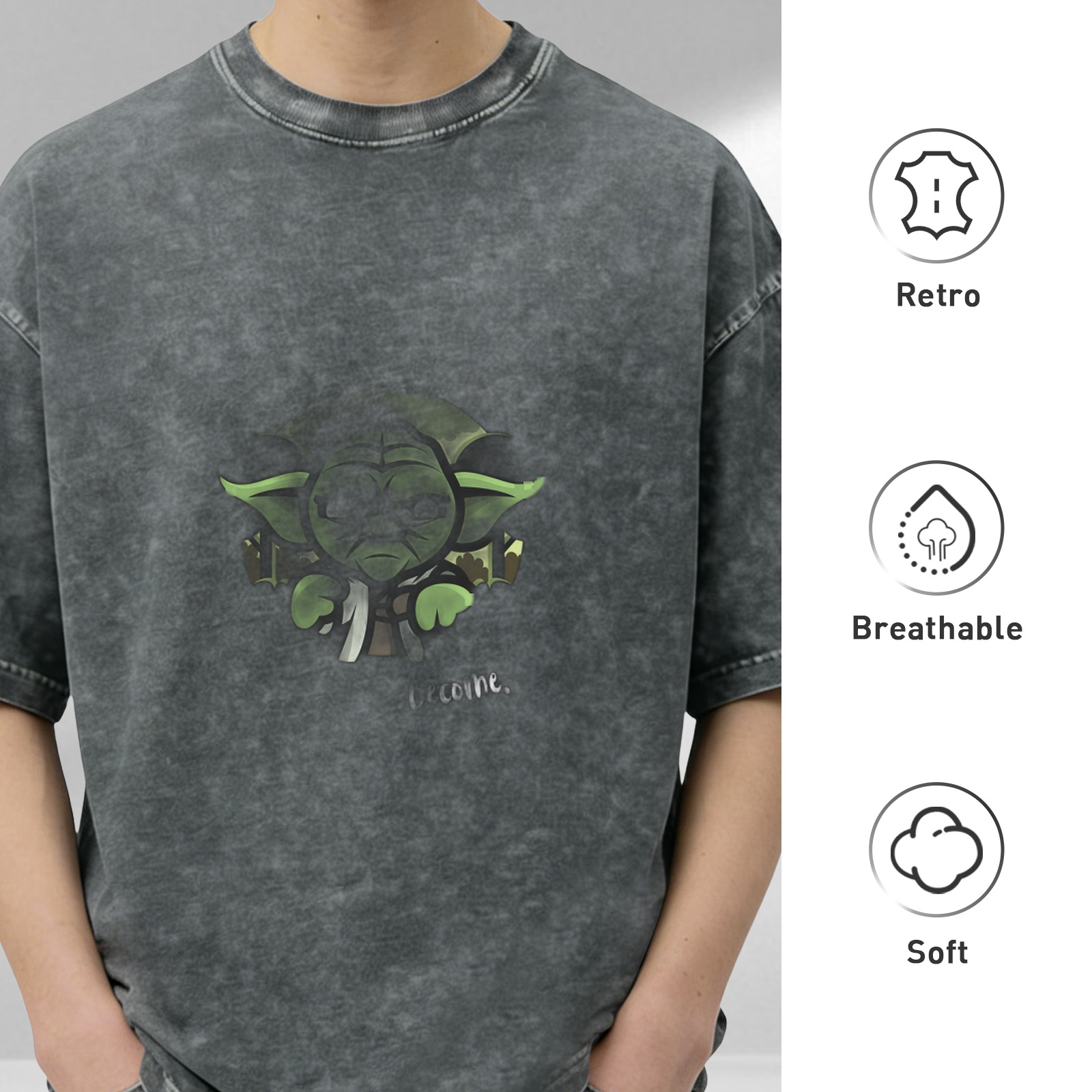 Washed Black Short Sleeve T-Shirt With Yoda Become Print