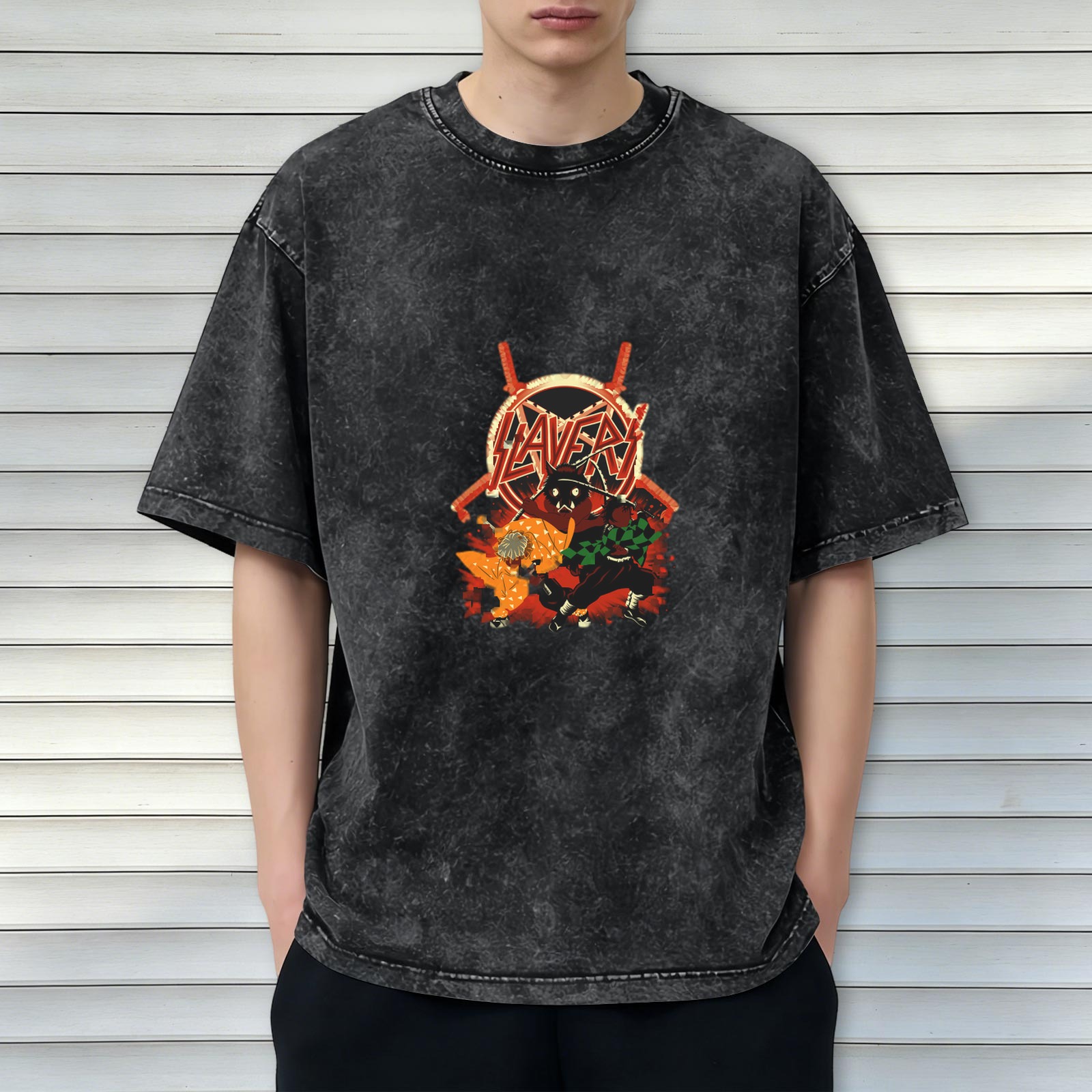 Washed Black Anime Demon Slayer Slayer Band Graphic T-Shirt