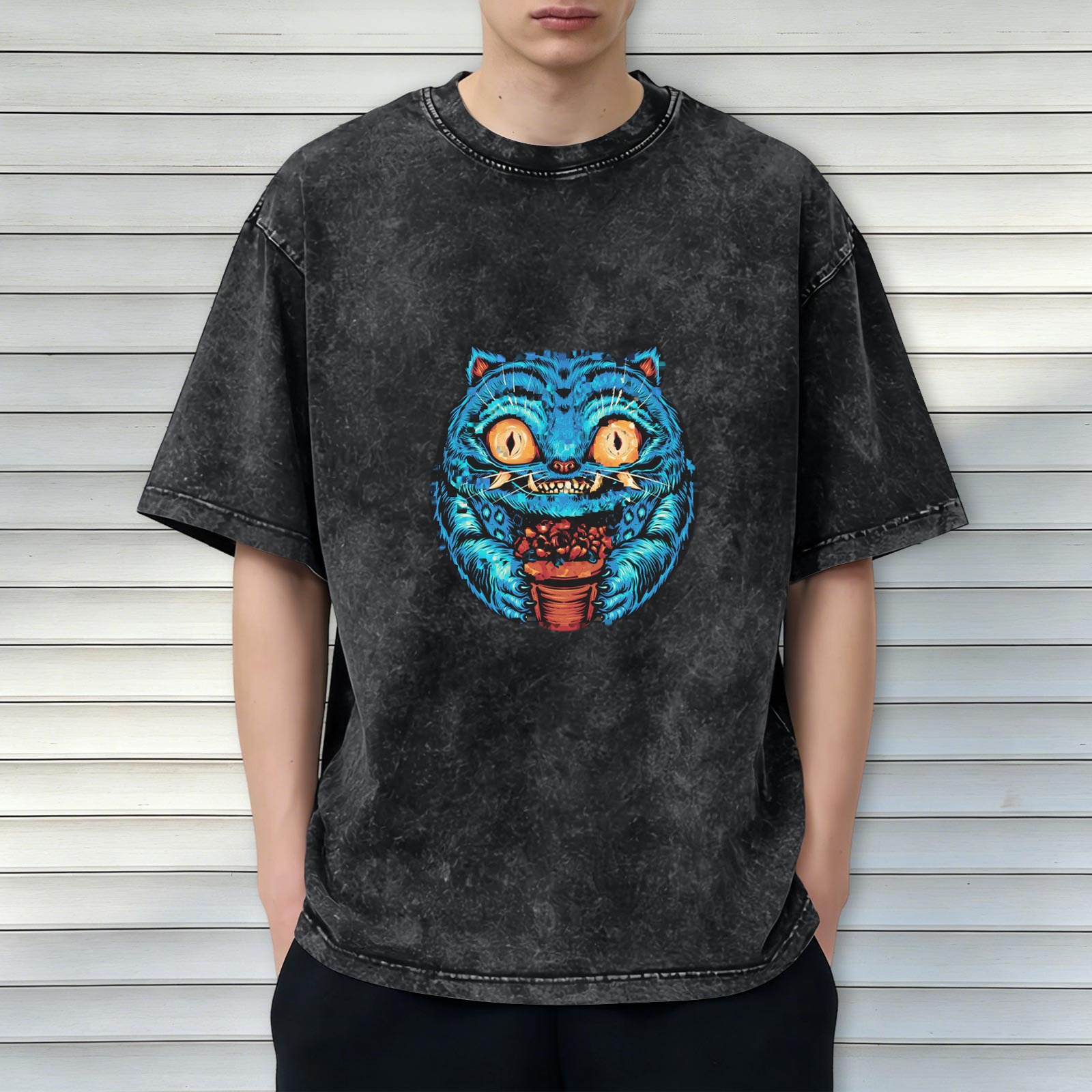 Washed Black Oversized T-Shirt With Blue Cheshire Cat Graphic