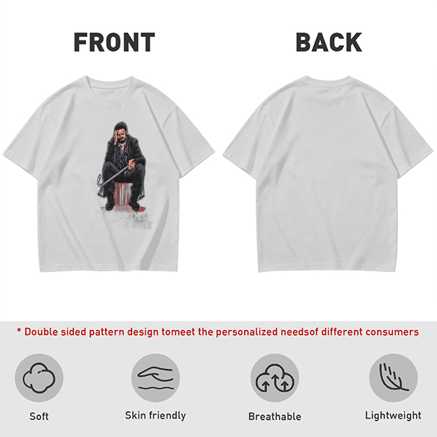 Olive T-shirt with seated bearded man holding crowbar graphic