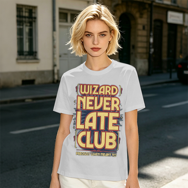 Olive t-shirt with Wizard Never Late Club graphic print
