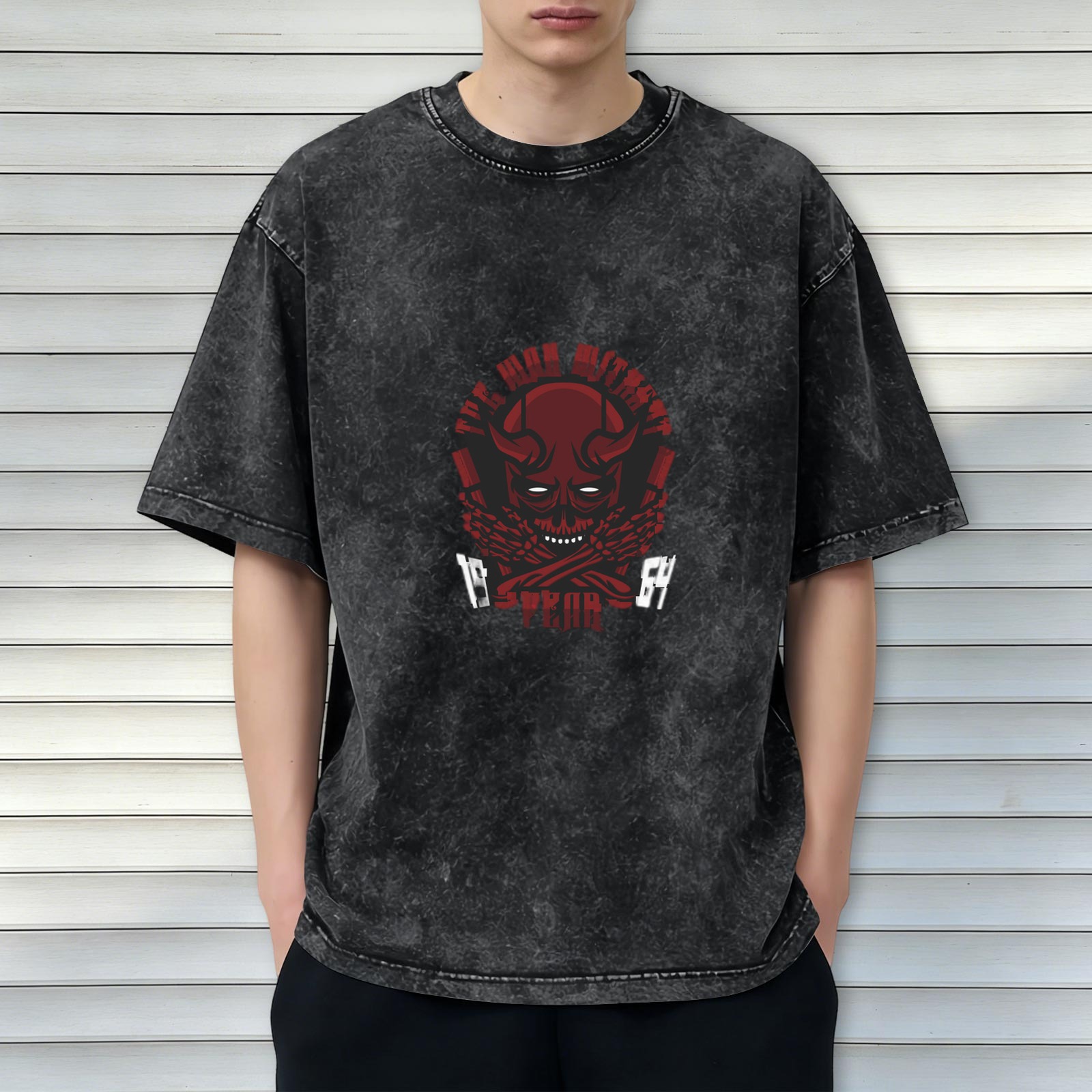 Oversized Acid Wash T-Shirt With Red Demon Skull Graphic