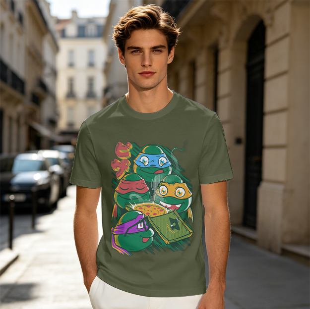 Olive T-Shirt Featuring Teenage Mutant Ninja Turtles With Pizza