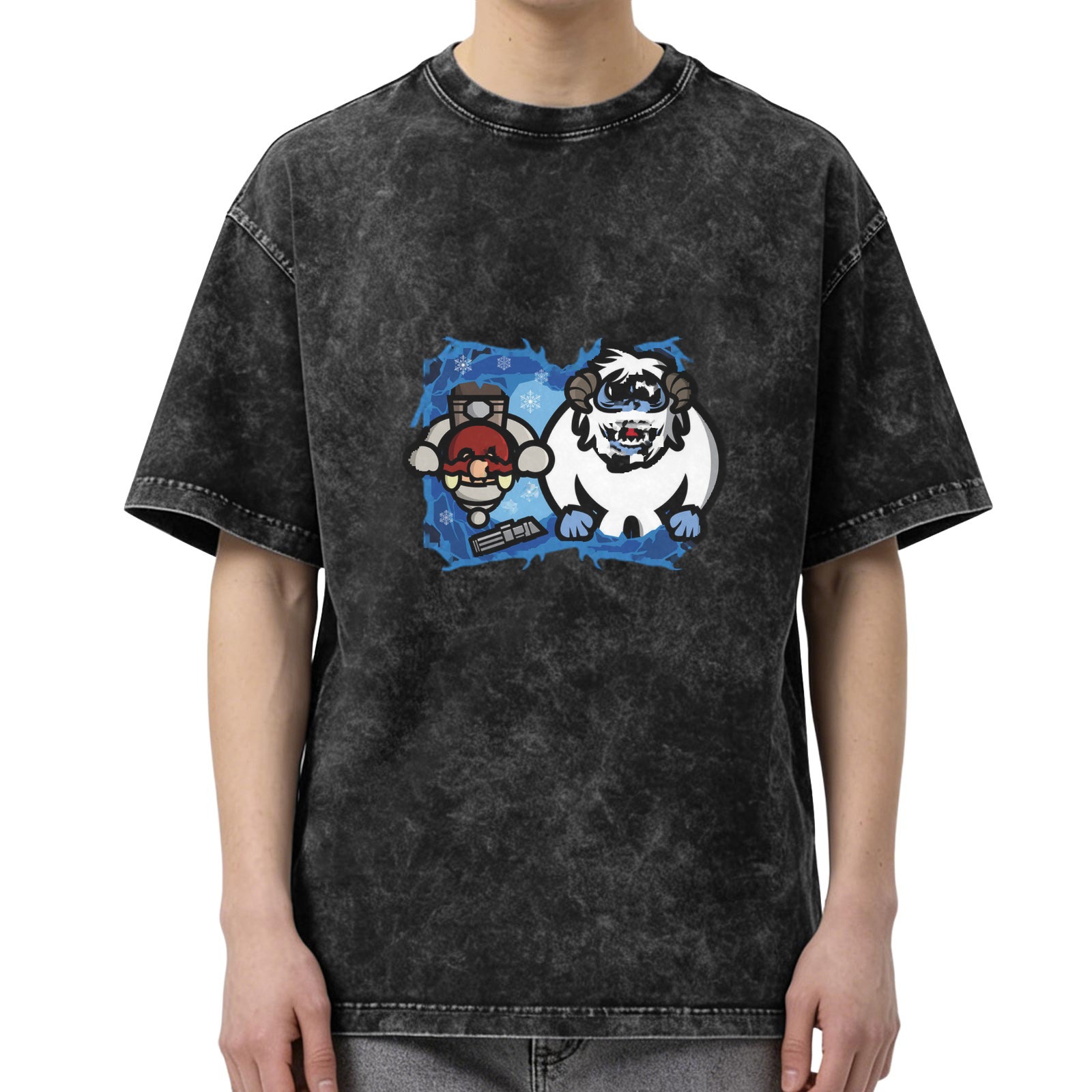 Washed Black T-Shirt with Cartoon Yeti and Winter Character Graphic