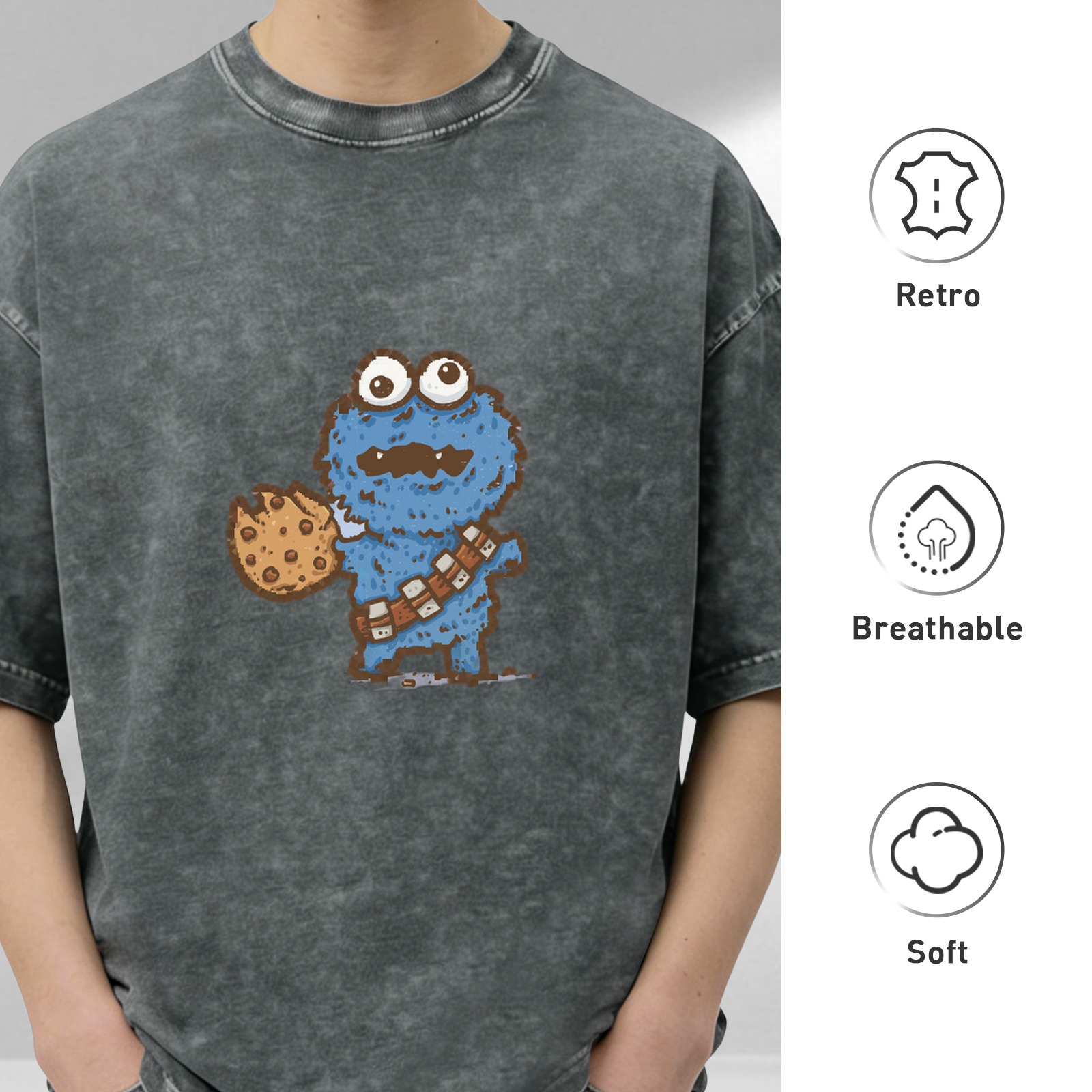Washed Black T-Shirt with Cookie Monster Holding a Cookie Graphic