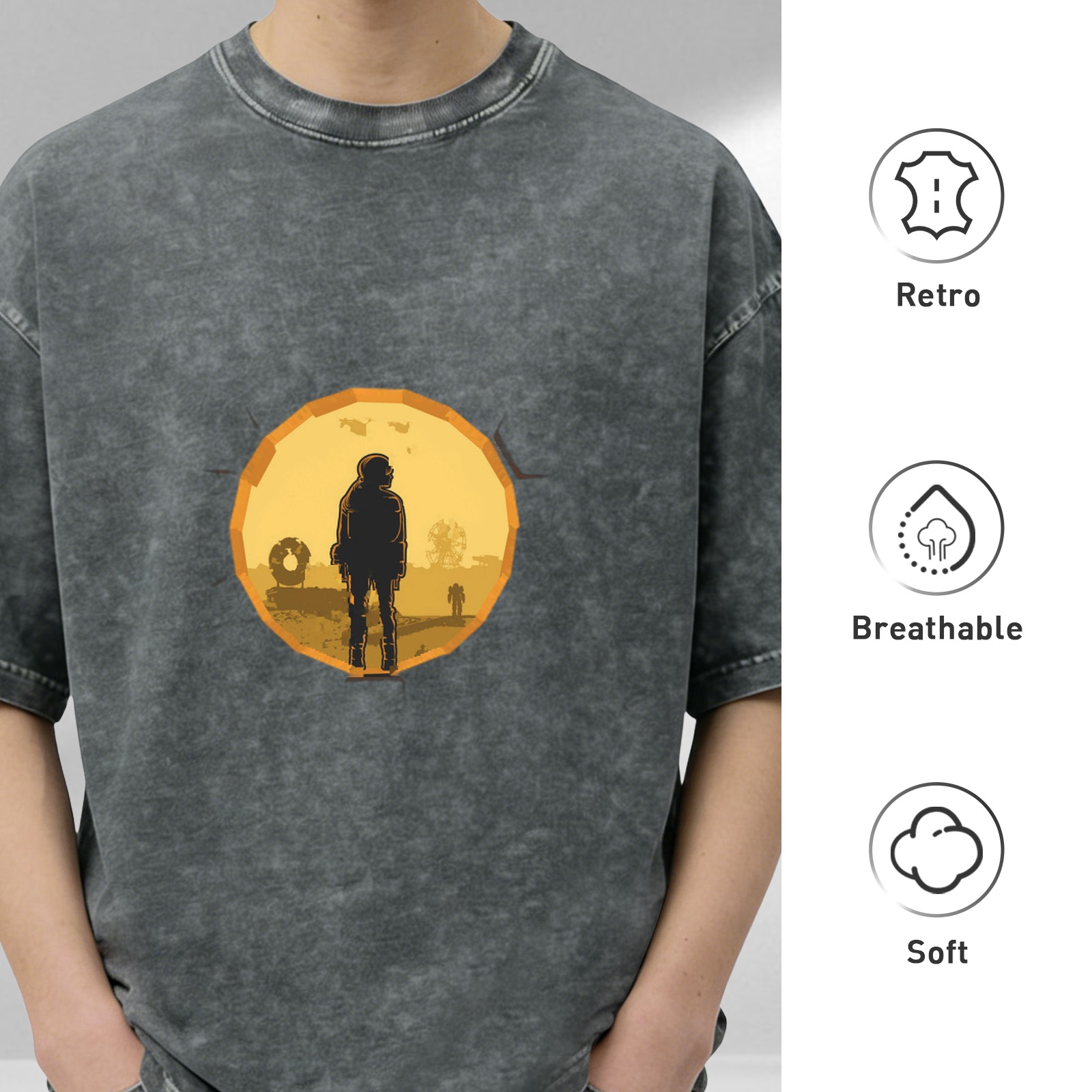 Washed Black Graphic T-Shirt with Lone Figure Silhouette Design