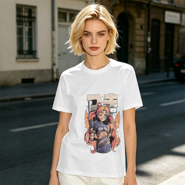 Olive Anime Girl Graphic Short Sleeve T-Shirt