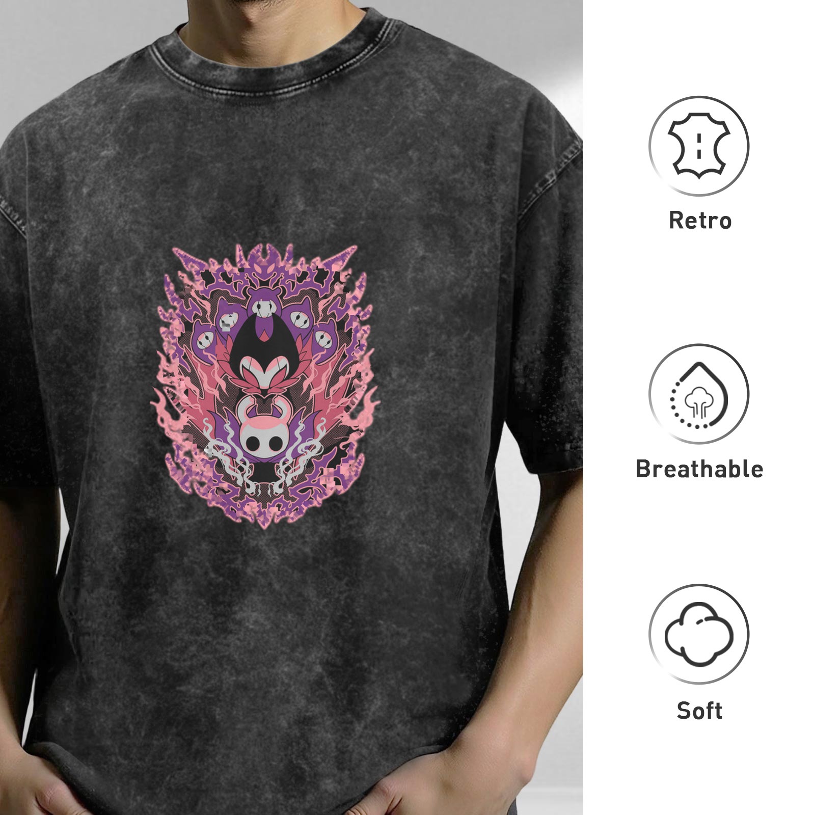 Oversized Washed Black T-shirt with Hollow Knight Themed Purple Pink Graphic Print